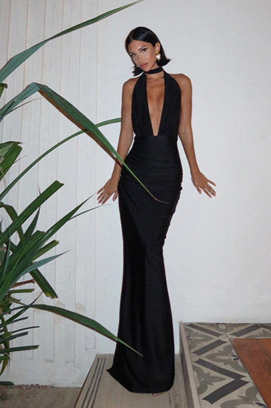 Halter Neck Deep V-Neck Ruched High Split Backless Maxi Dress - View 4