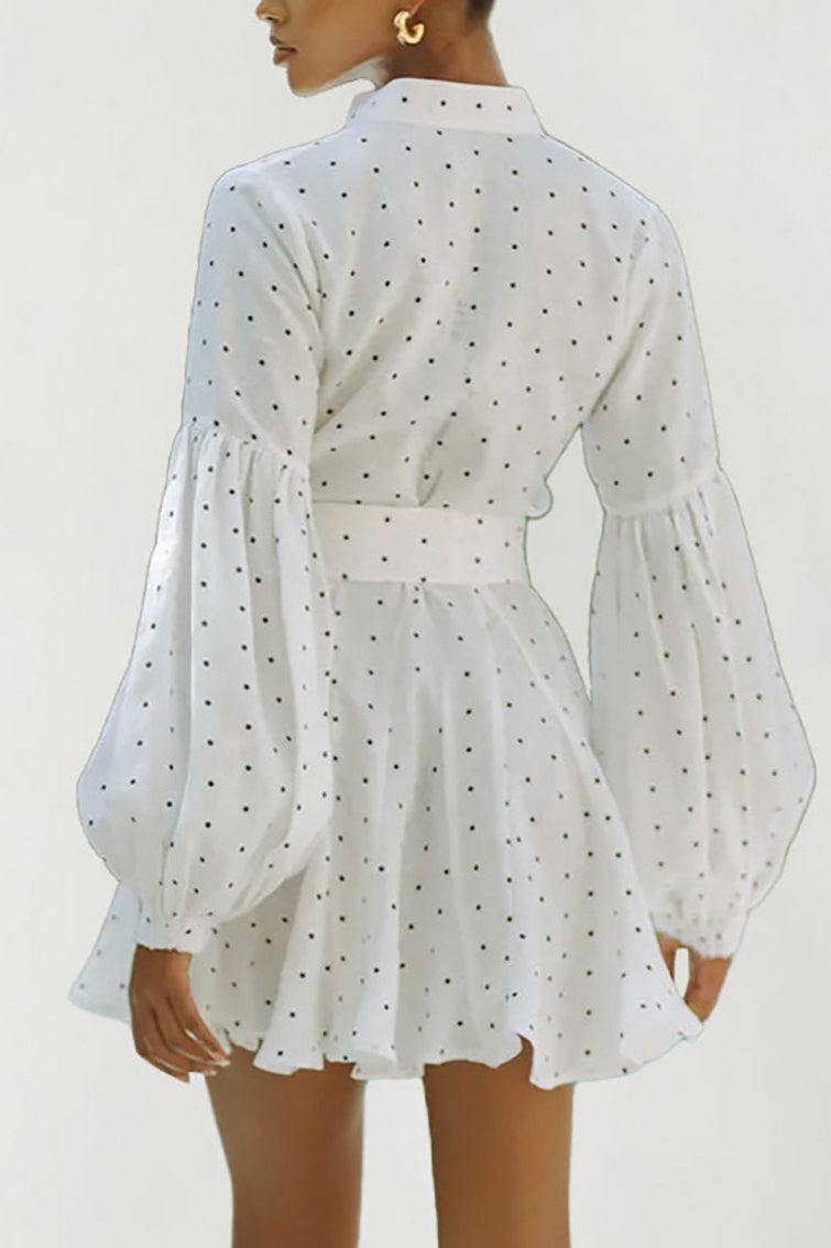 Polka Dot Lantern Sleeve Tie Mini Dress - Fashionpara