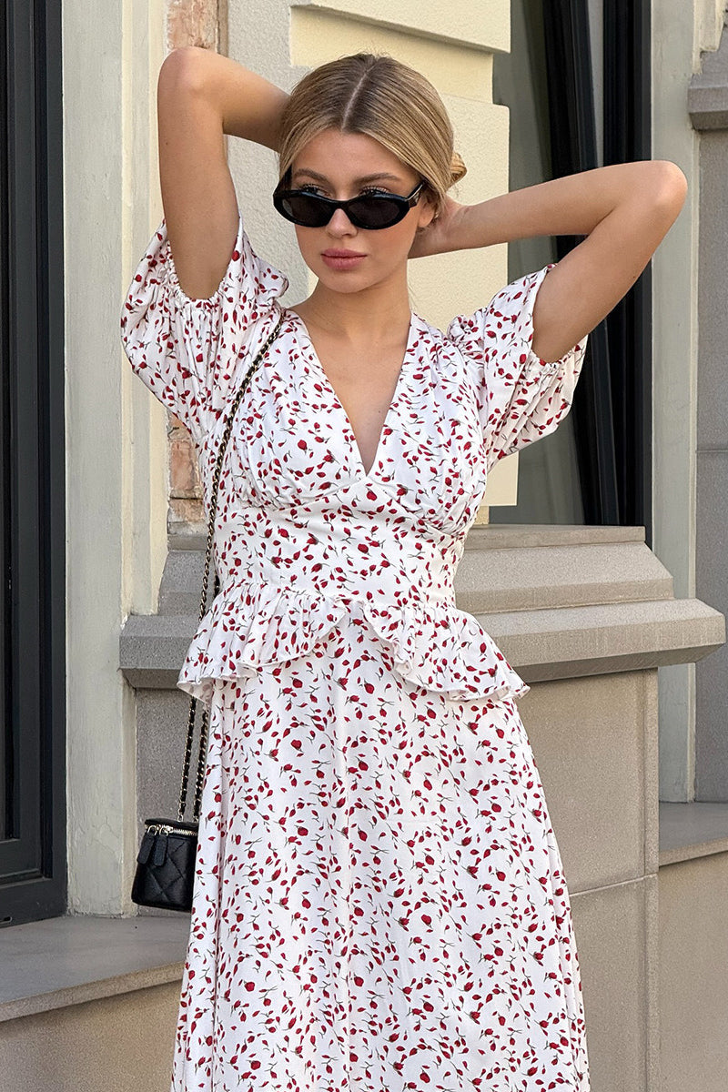 Floral Print V-Neck Puff Sleeve Peplum Maxi Dress 2