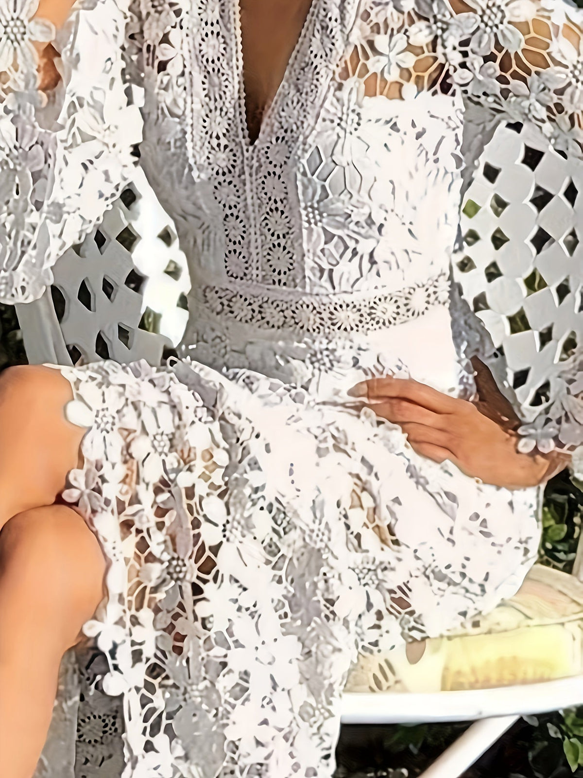 Lace V-Neck Long Sleeve Midi Dress Cocktail in White - View 2