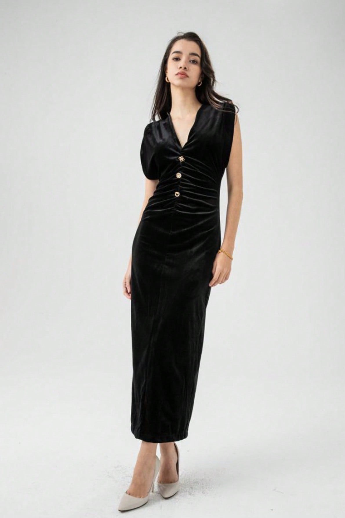 Velvet Ruched V-Neck Bodycon Midi Dress