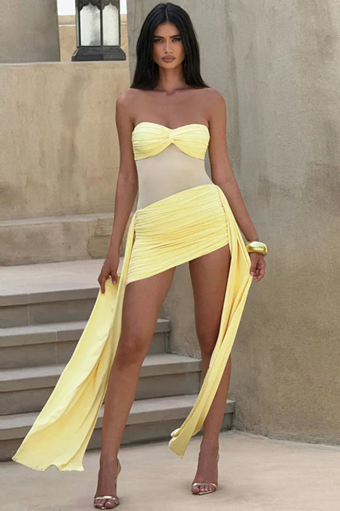 Strapless Ruched Cut-Out Mesh Maxi Dress