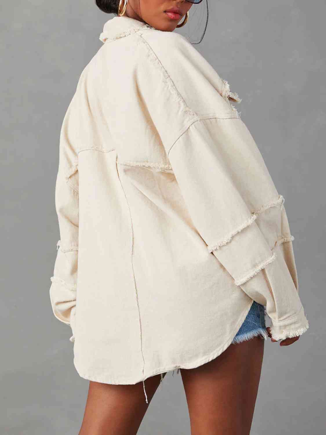 Long Raw Down Arm Denim Top Hem Button Jacket 3