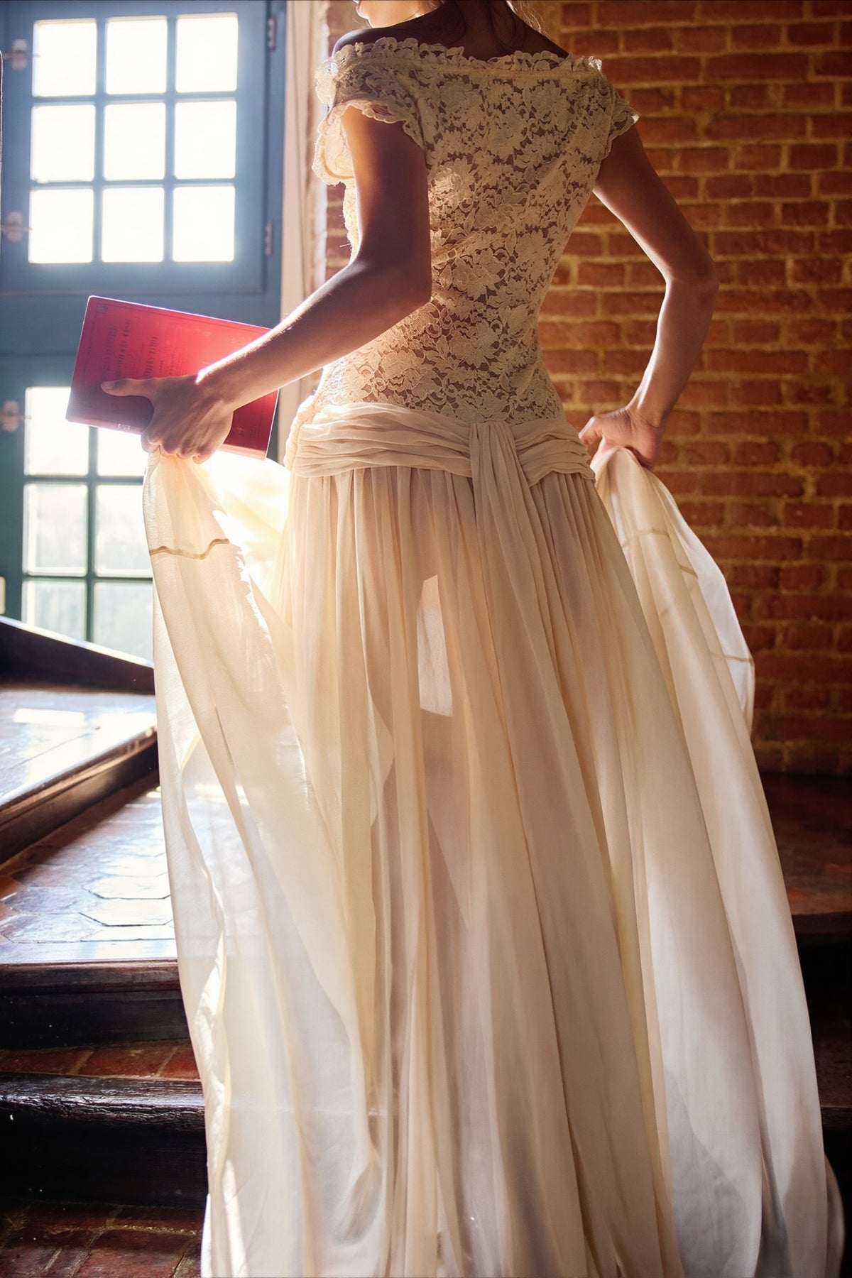 Lace Bodice Off Shoulder Chiffon Maxi Bridal Gown