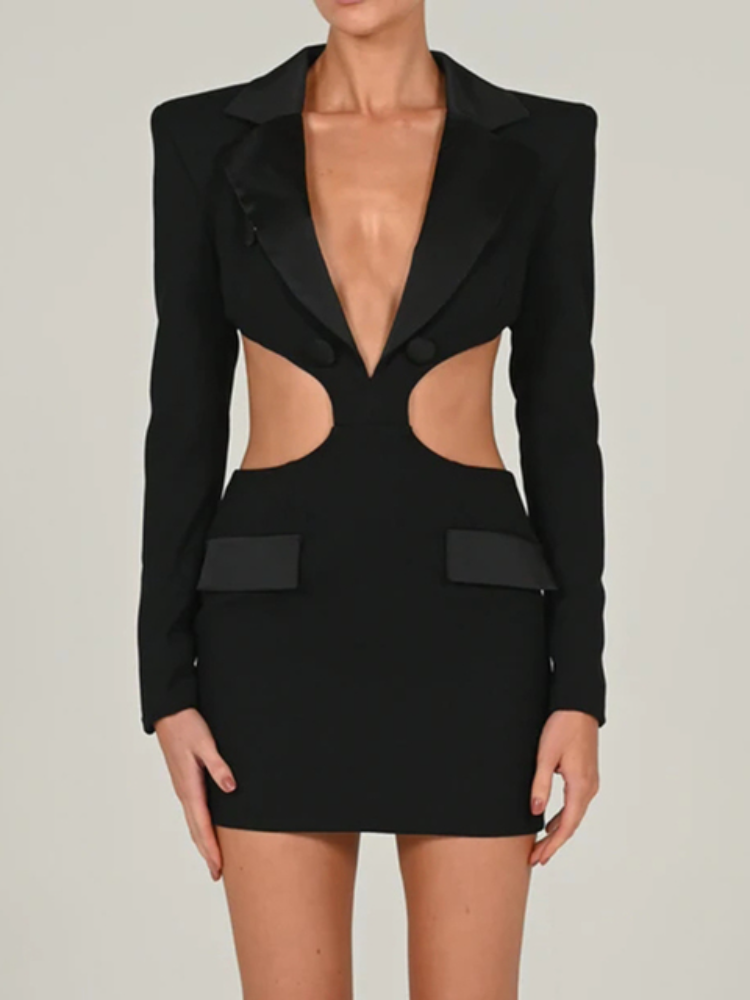 Contrast Lapel Long Sleeve Cutout Blazer Mini Dress