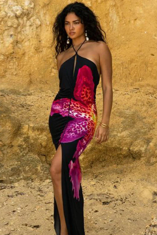 Sexy Halter V-neck Floral Print High Slit Bodycon Maxi Dress