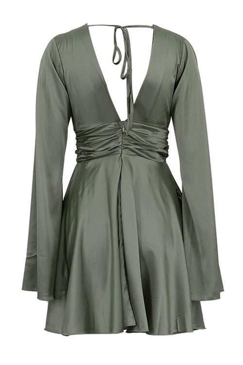 Satin Deep V-Neck Long Sleeve Flared Mini Dress