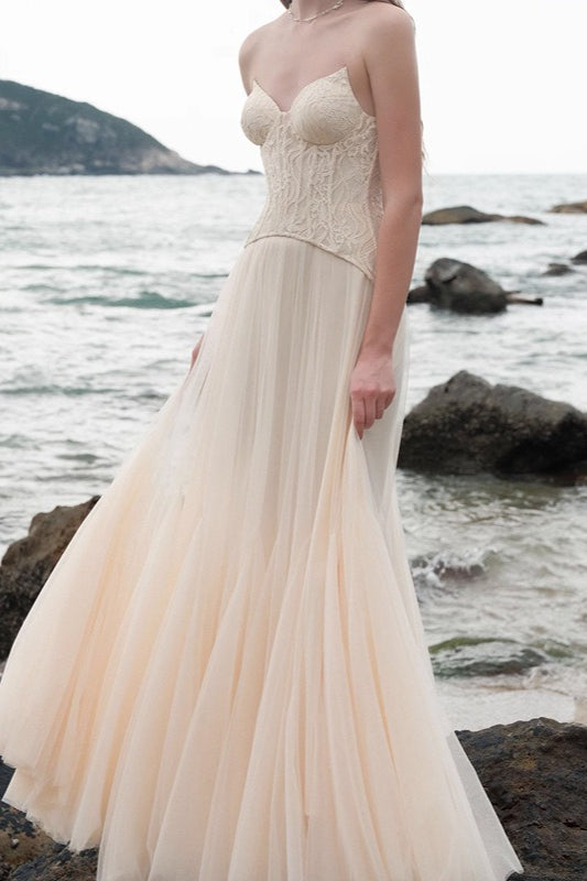 Lace Strapless Corset Bodice Tulle A-Line Prom Gown - View 3
