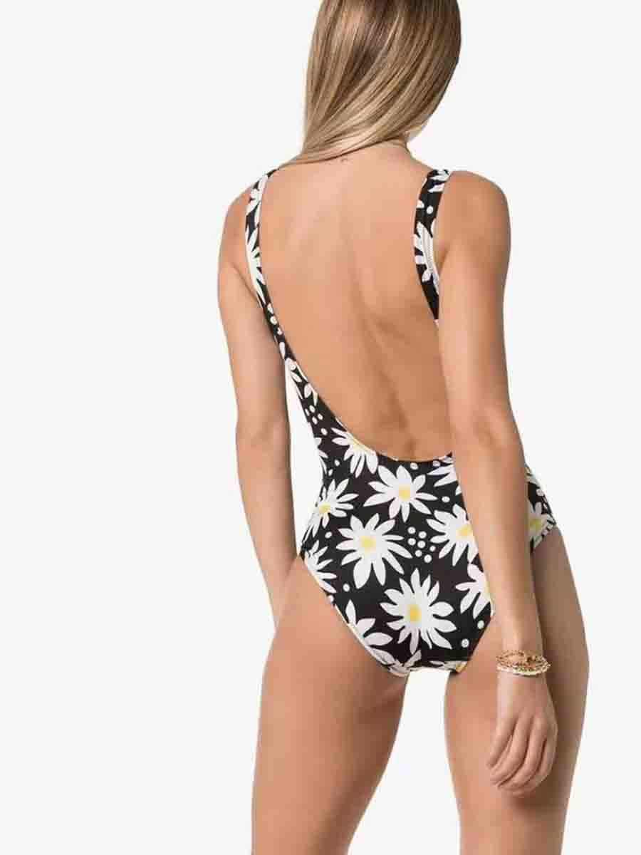 Floral Print Black One-piece Swimsuit - Fashionpara