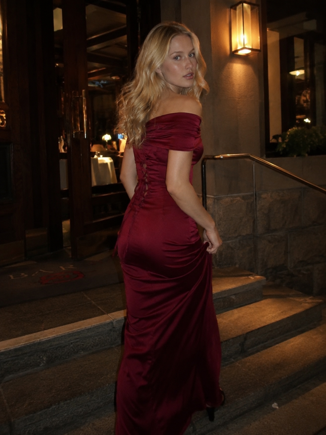 Off Shoulder Ruched Satin Column Mermaid Gown