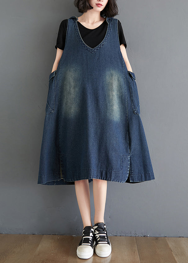Denim Deep V-Neck Sleeveless Patch Pocket Distressed Wash Dress - View 2