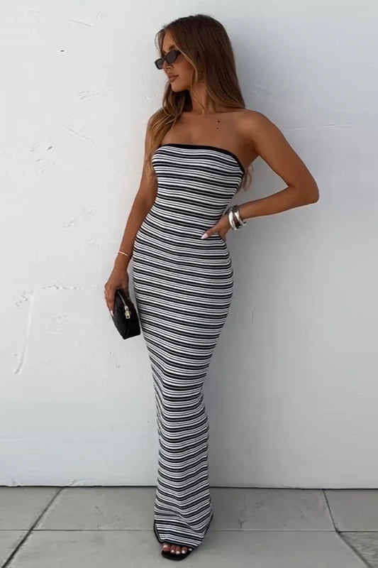 Strapless Waist Cinching Bodycon Stripe Maxi Dress