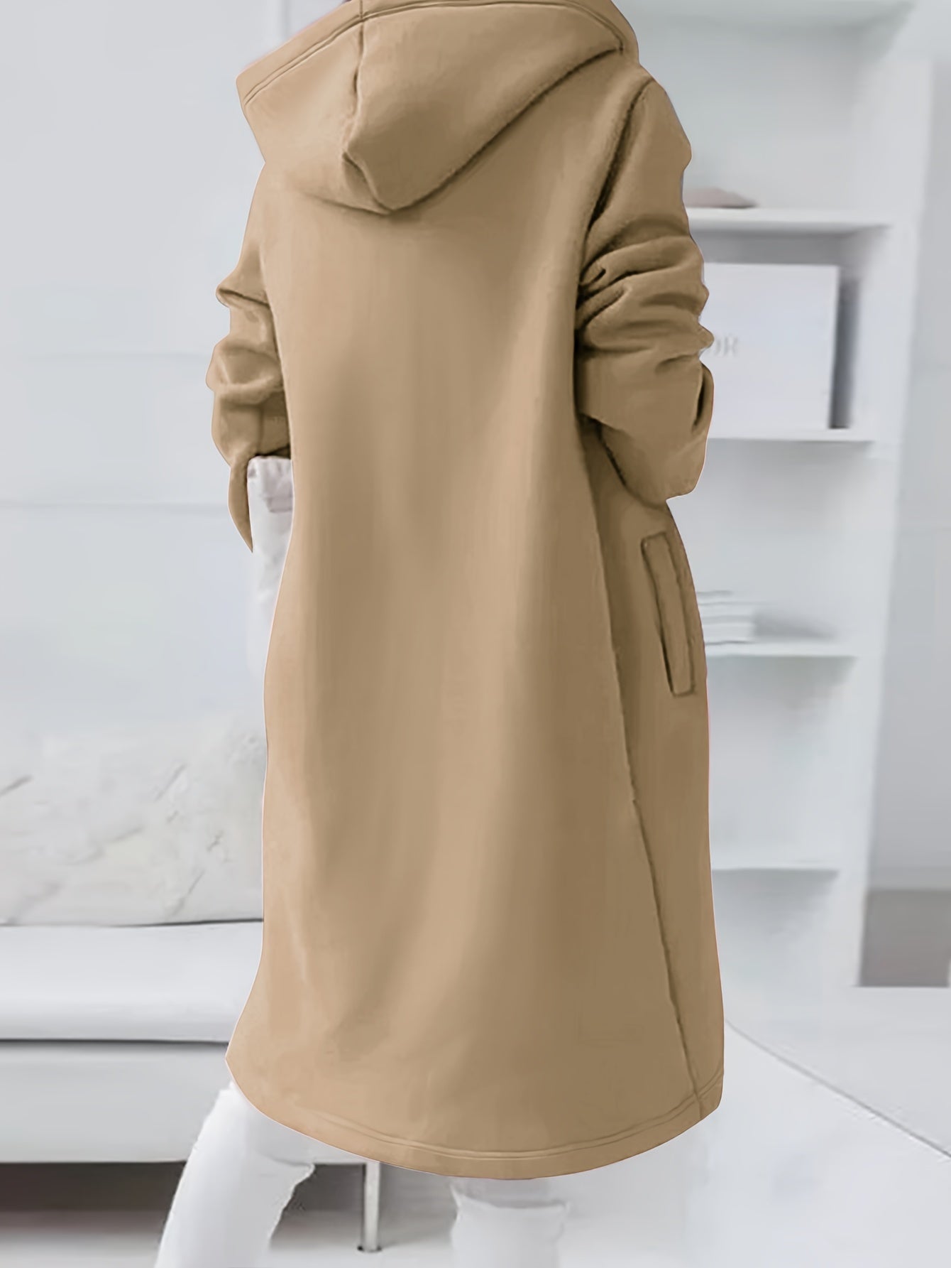 Solid Zipper Drawstring Midi Hooded Jacket for Versatile Style