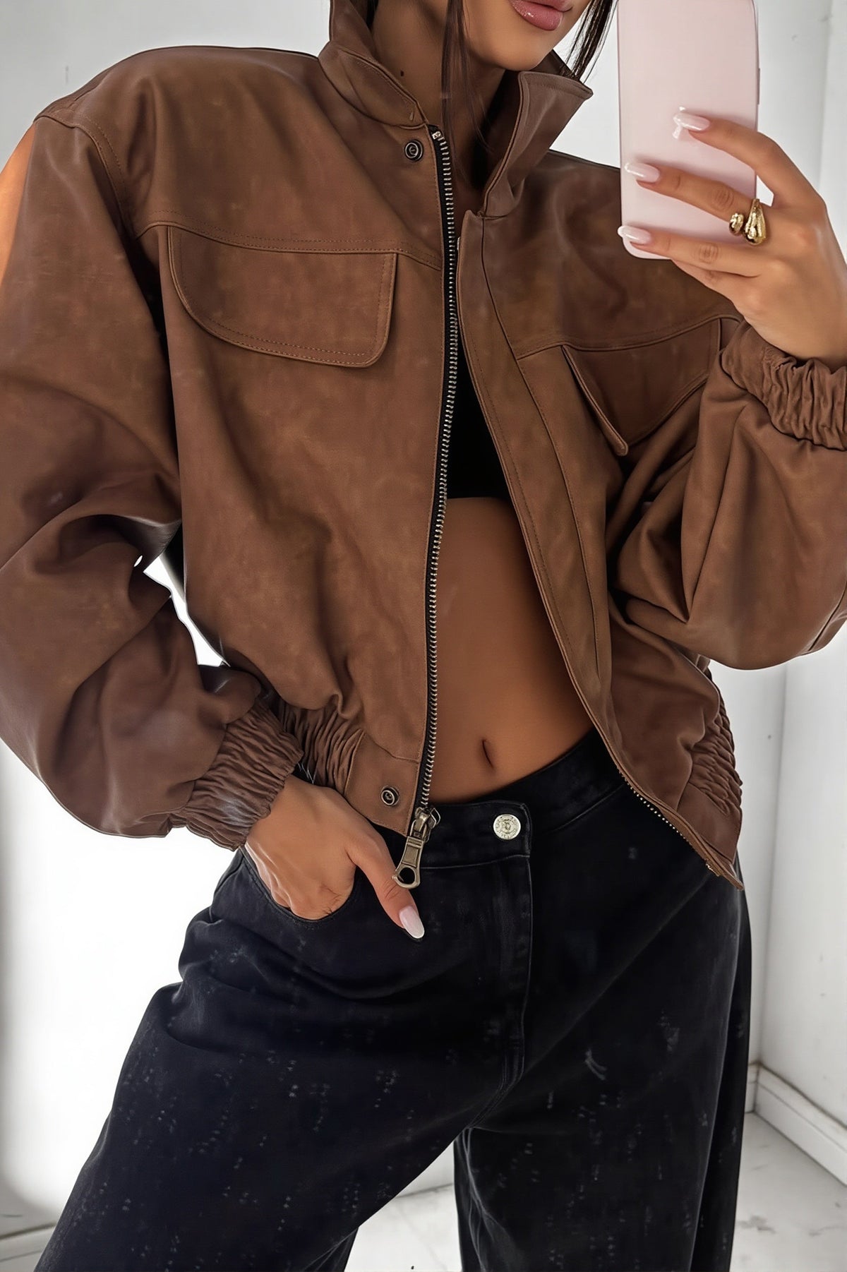 Suede Look Utility Bomber Jacket