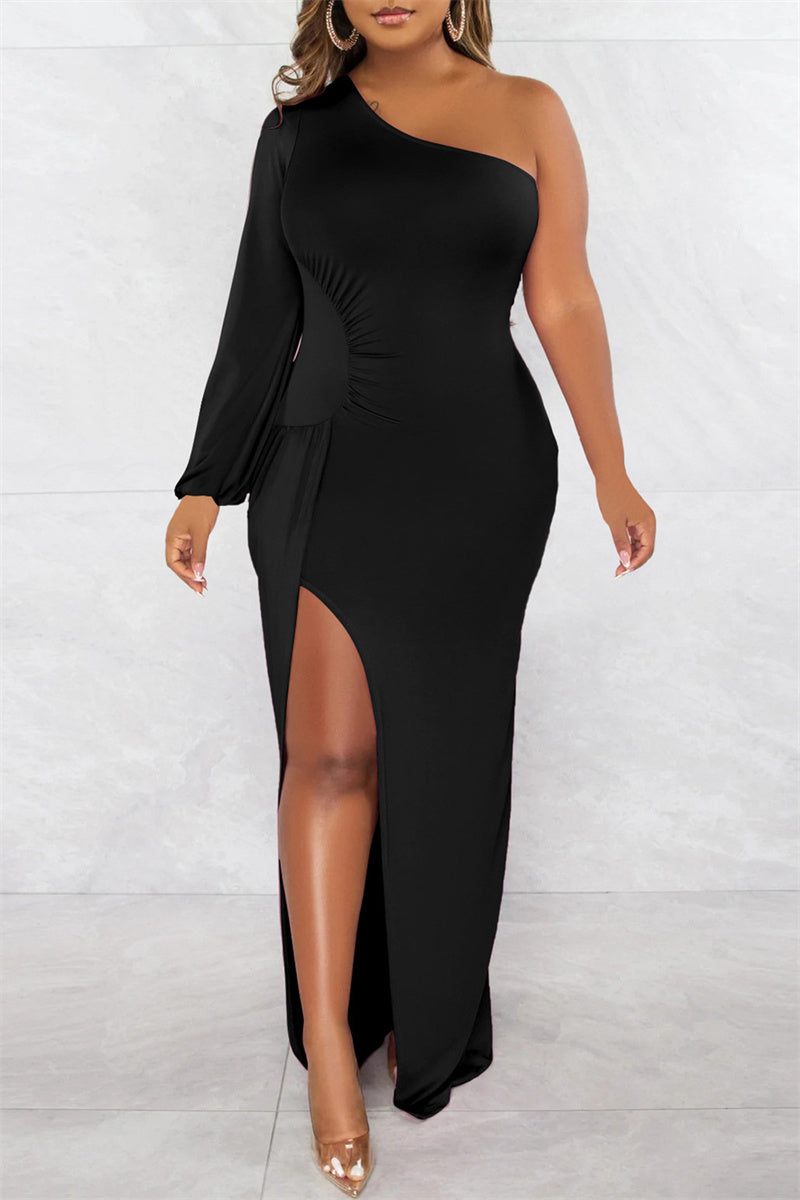 Sexy Formal Solid Backless Slit Oblique Collar Long Sleeve Dresses  Fashionpara