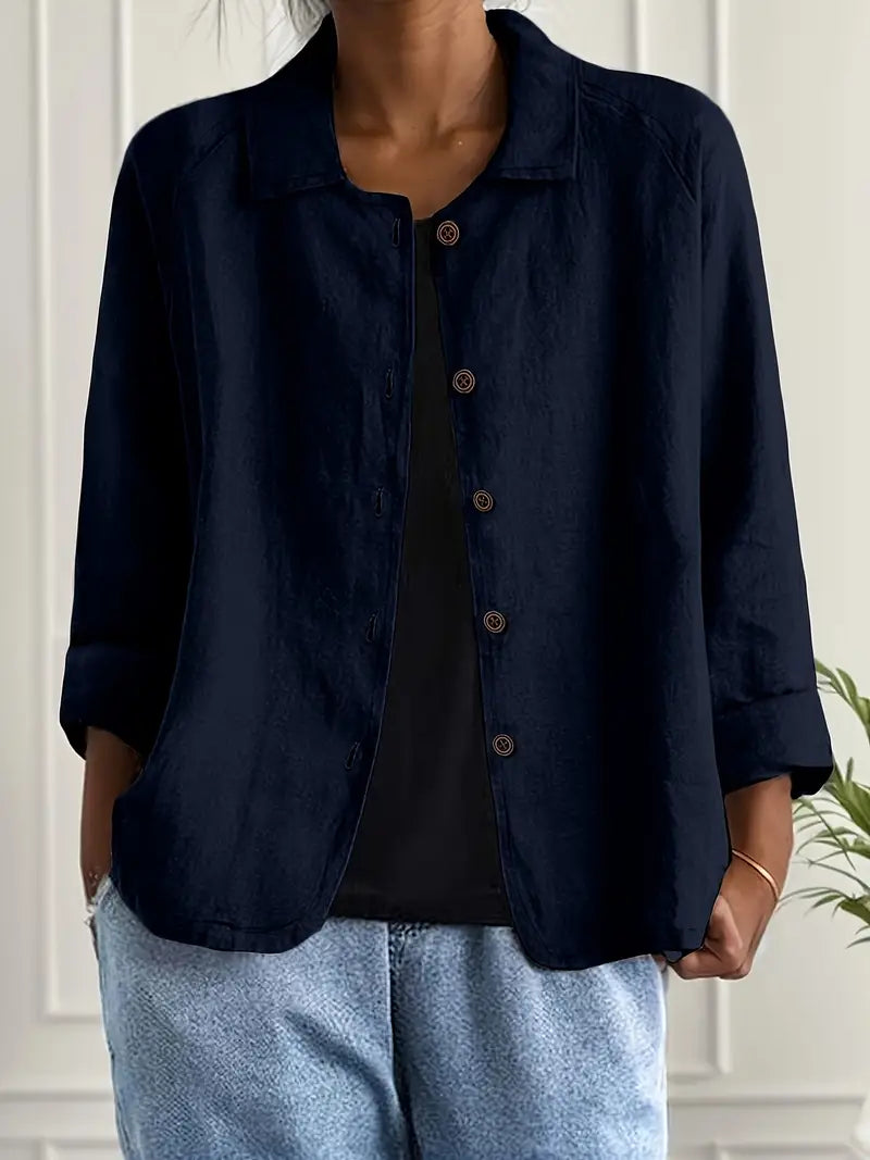 Collared Long Sleeve Button Front Linen Look Shirt 12