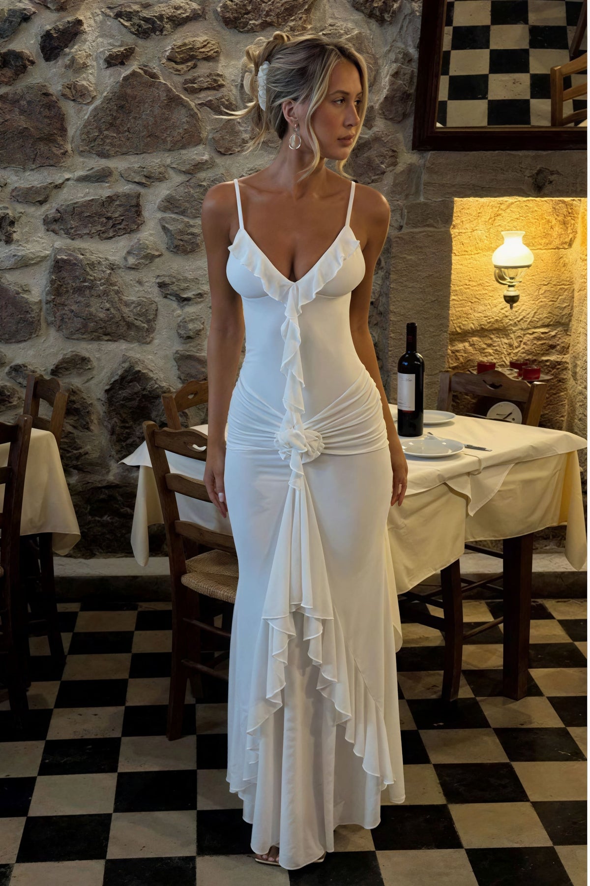 Satin Cowl Neck Ruffle Trim Bias Mermaid Maxi Gown