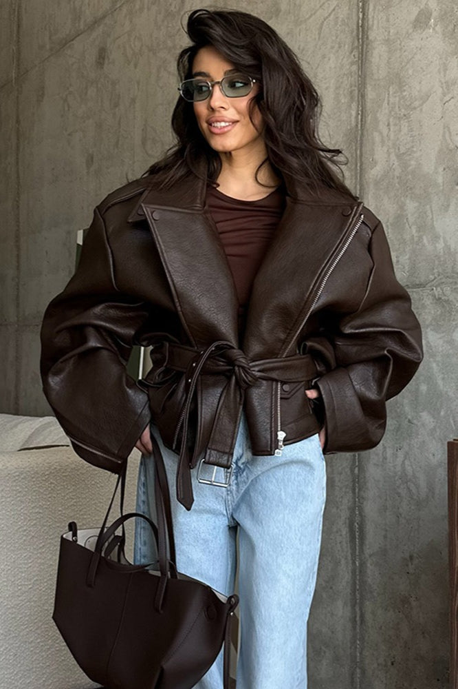 Elegant Retro Belted Biker Leather Jacket