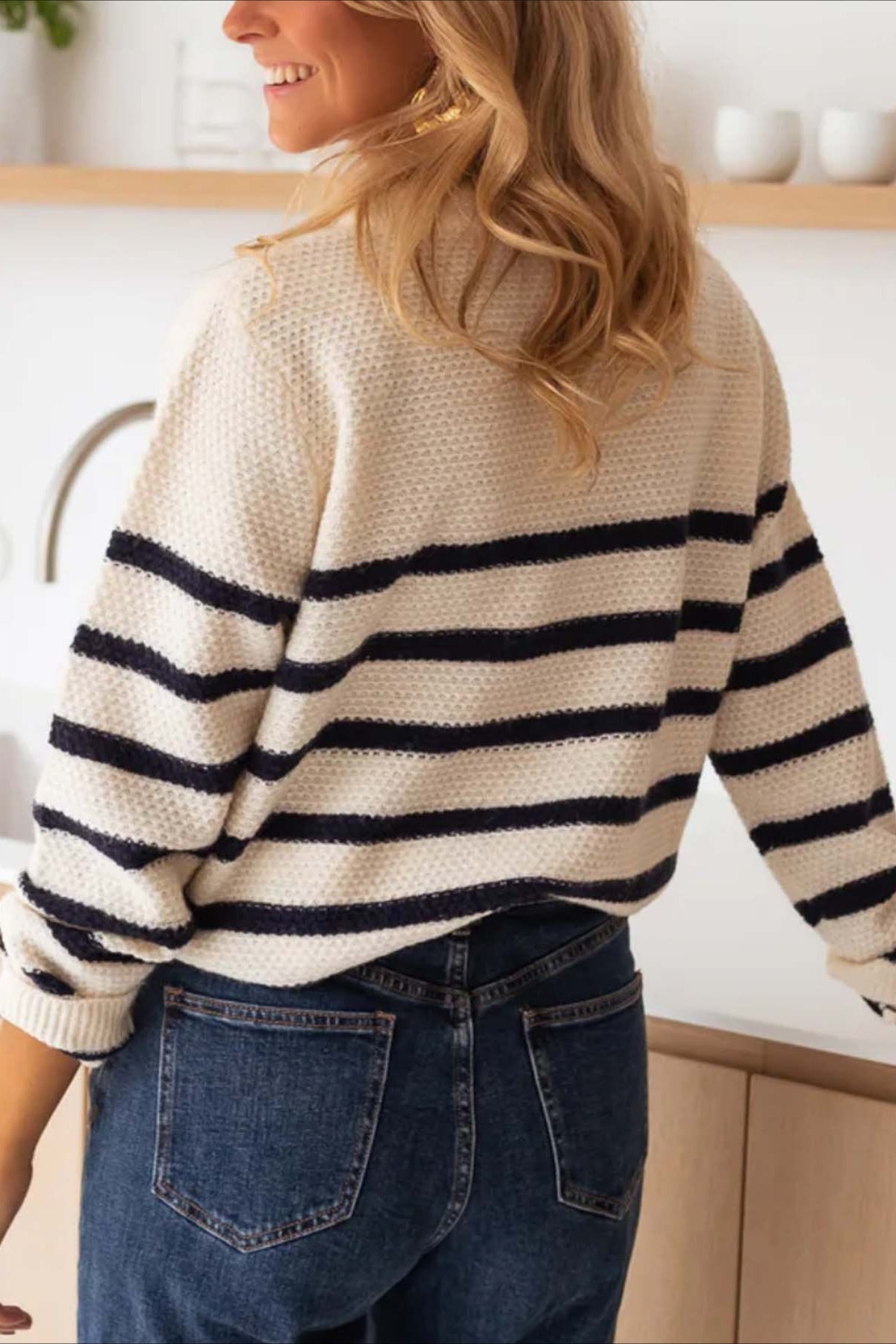 Button Front Stripe Knit Pullover Blouse