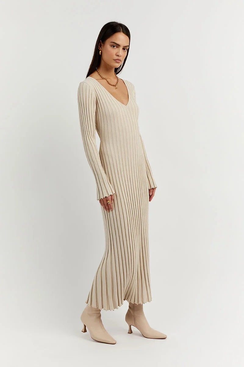 Ribbed Knit V-Neck Long Sleeve Bodycon Maxi Dress - View 3