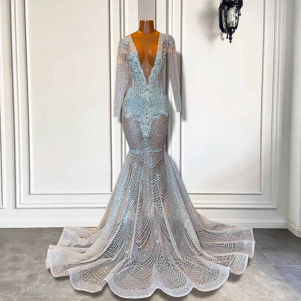 Mermaid Prom Dresses with Deep V-Neck With Long Sleeves and Beadings - Fashionpara