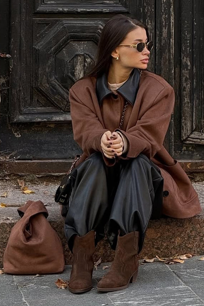 Suede Patchwork Lapel Coat - Fashionpara