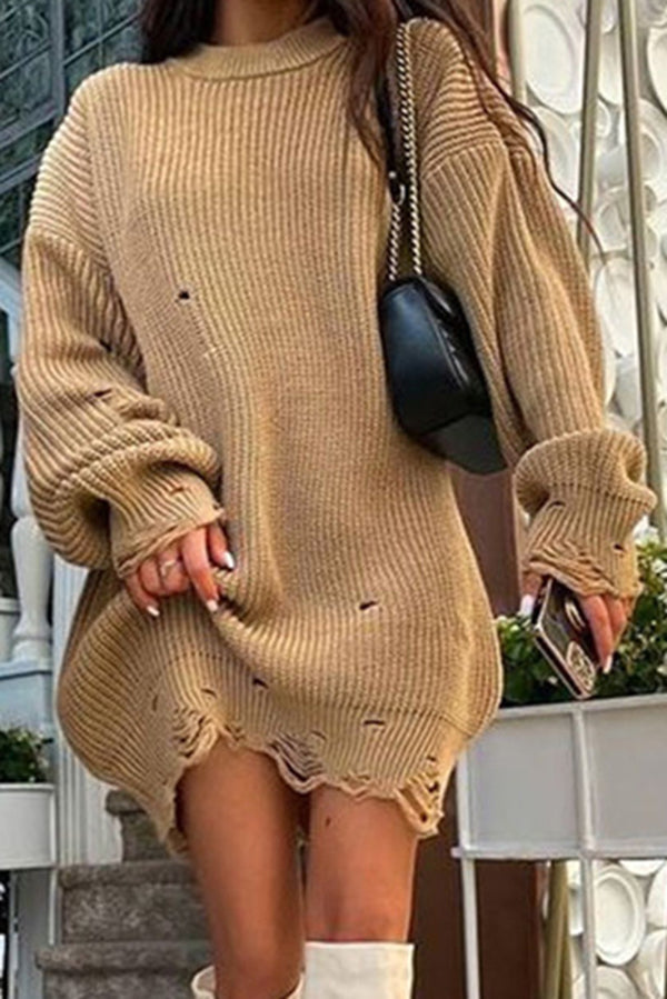 Solid Color Loose Knitted Mid-Length Sweater for Comfort