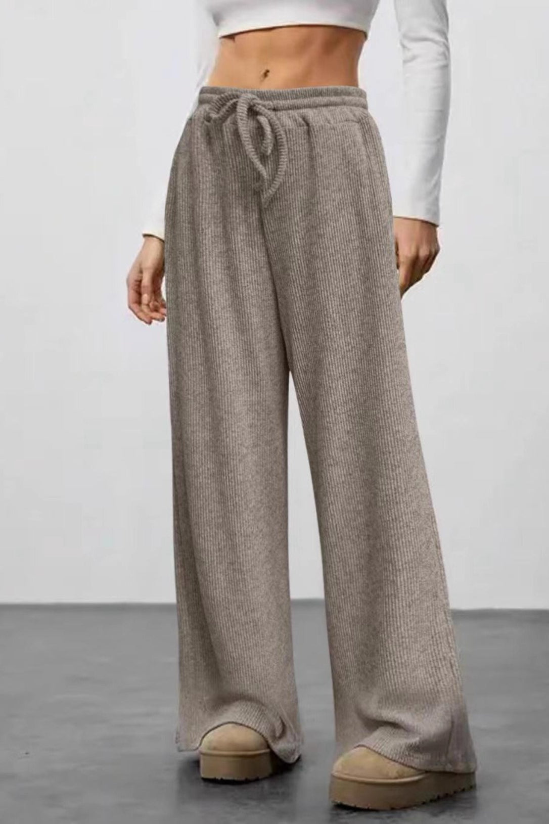 Ribbed Drawstring High Waist Straight Leg Casual Pants