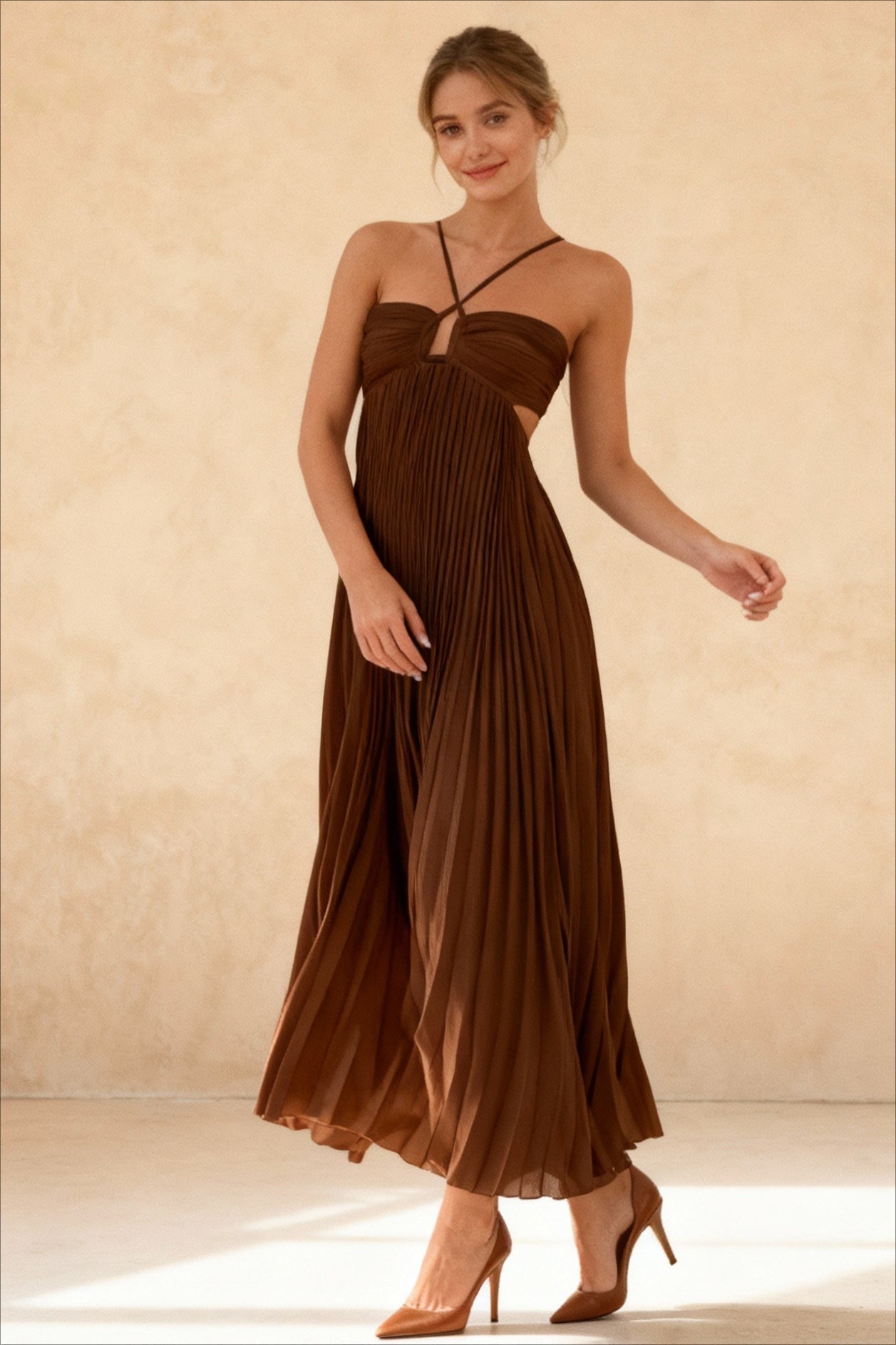 Pleated Blue Halter Maxi Dress