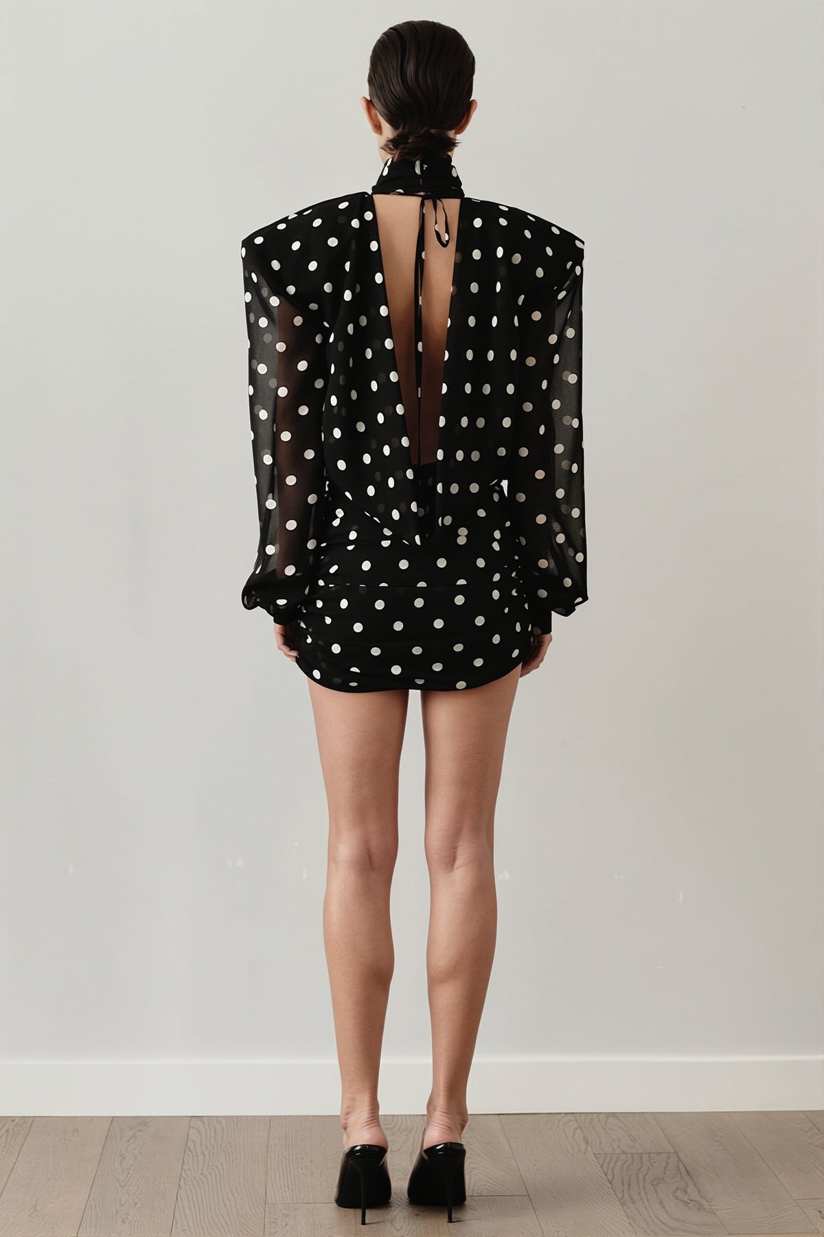 Polka Dot High Neck Long Sleeve Blouson Mini Dress