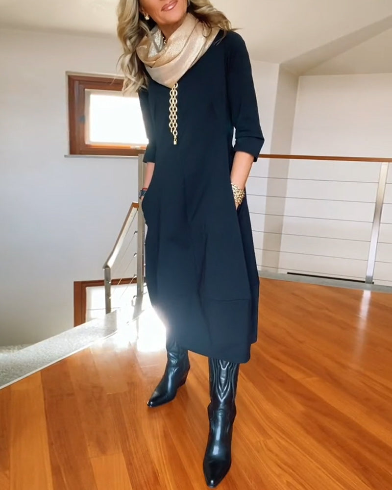 Round Neck Quarter Sleeve Zip Front Sheer Hem Midi Dress 3
