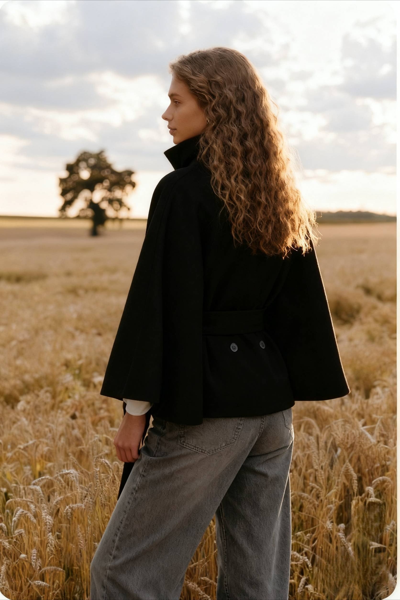 Button Up Stand Collar Cape Coat - Fashionpara