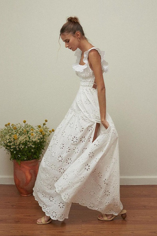 Eyelet Ruffle Strap Shirred Waist Tiered Maxi Dress
