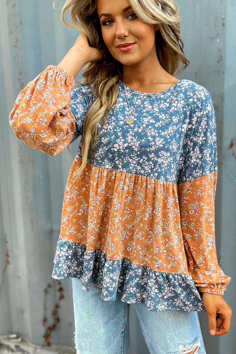 Round Neck Long Sleeve Floral Chiffon Blouse
