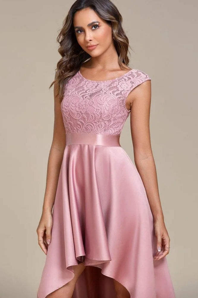 Lace Bodice Cap Sleeve High Low Satin Prom Dress 4