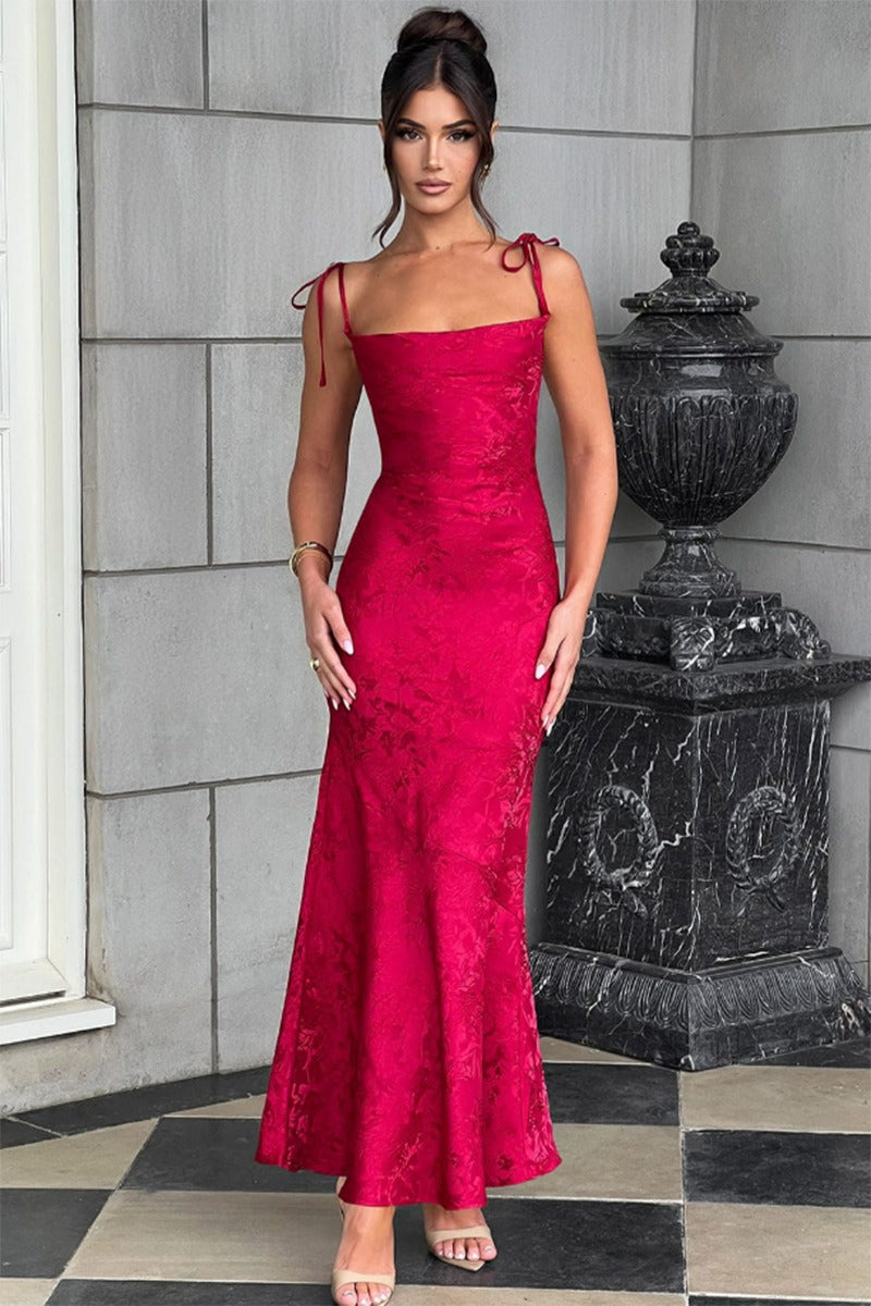 Jacquard Square Neck Tie Strap Mermaid Maxi Dress