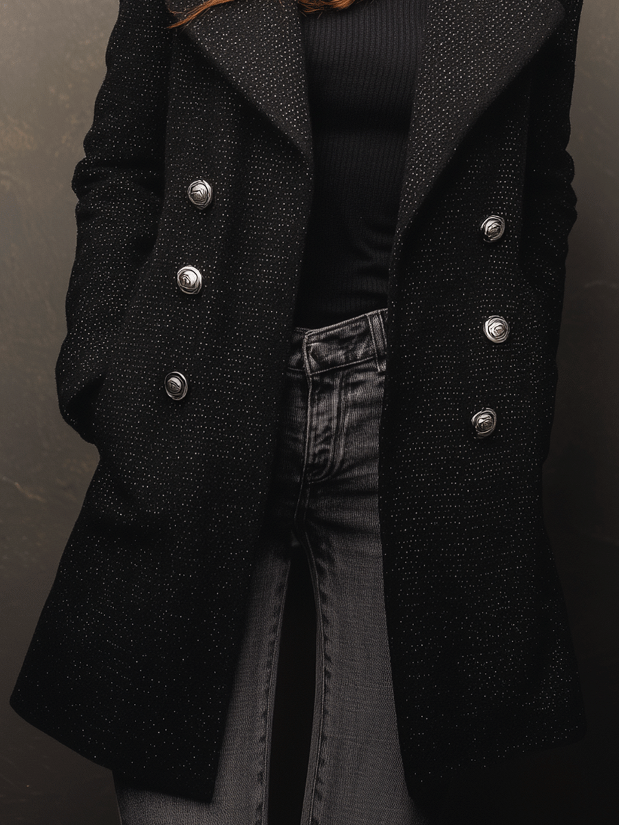 Classic Black  Double-Breasted Buttons Longline Coat - Fashionpara