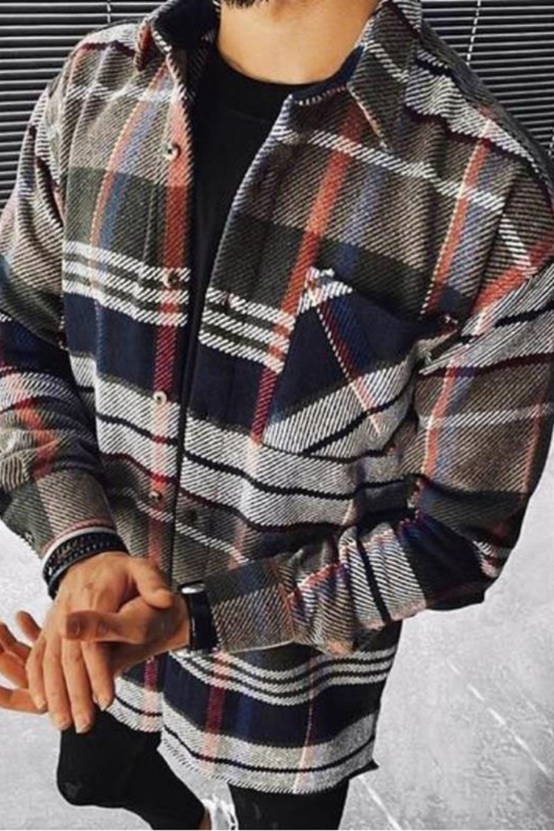 Men's Colour Block Plaid Long Sleeve Lapel Cardigan Check Print Shirt - Fashionpara