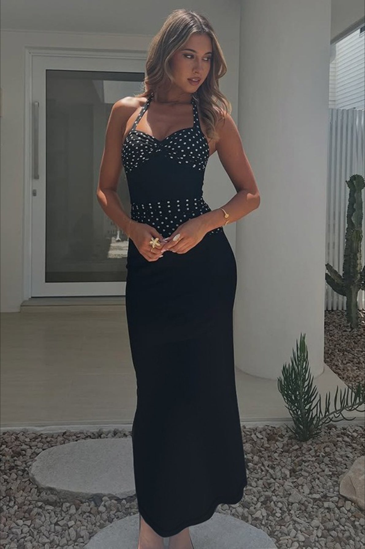 Polka Dot Halter Sweetheart Bodycon Maxi Dress