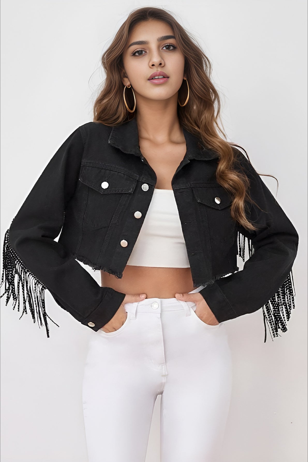 Beaded Fringe Denim Coat with Raw Hem for Stylish Layering
