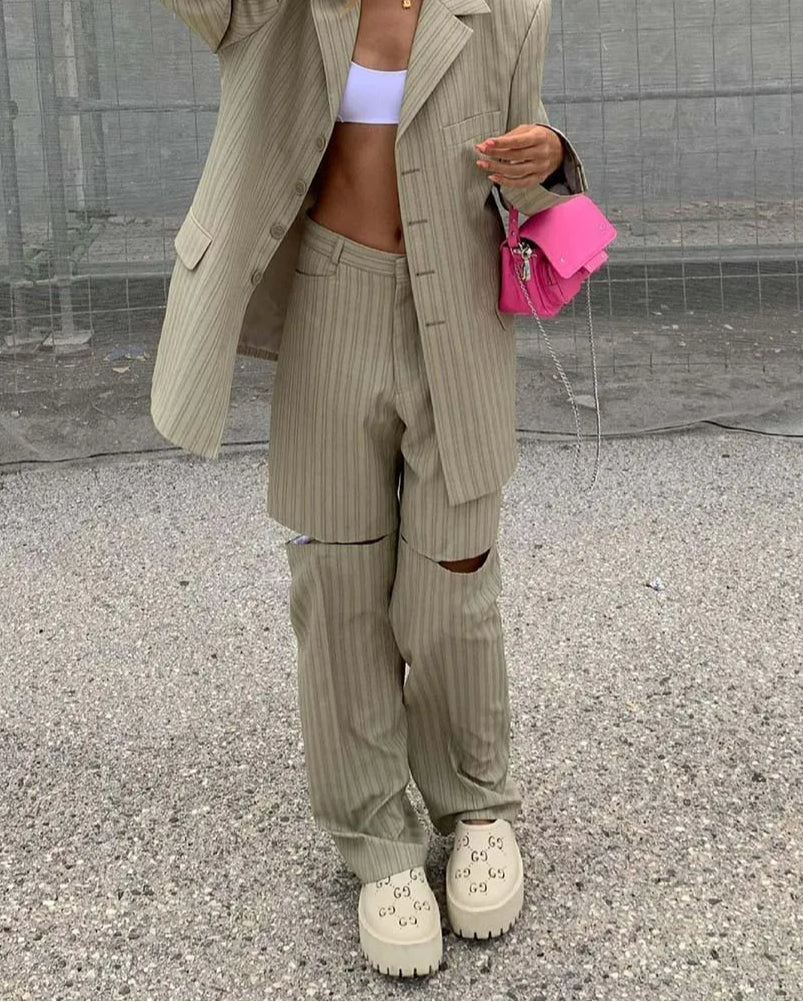 Khaki Print Hollow Out Trousers Office Two Piece Set