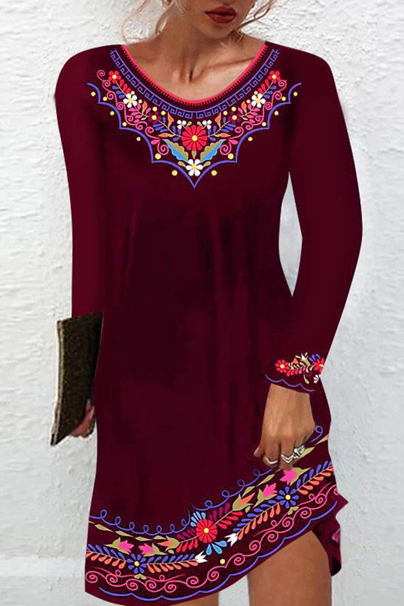 Casual Vintage Print Patchwork O Neck A Line Dresses  Fashionpara