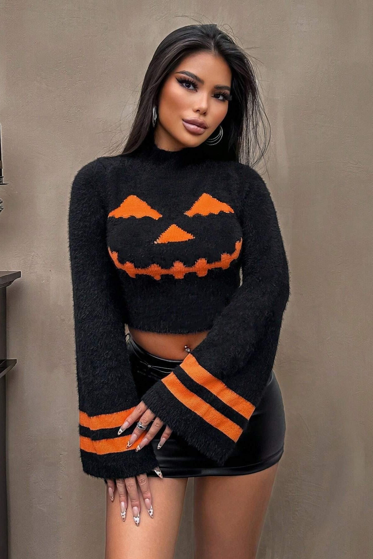 Striped Pumpkin Knit Crop Sweater for Effortless Style
