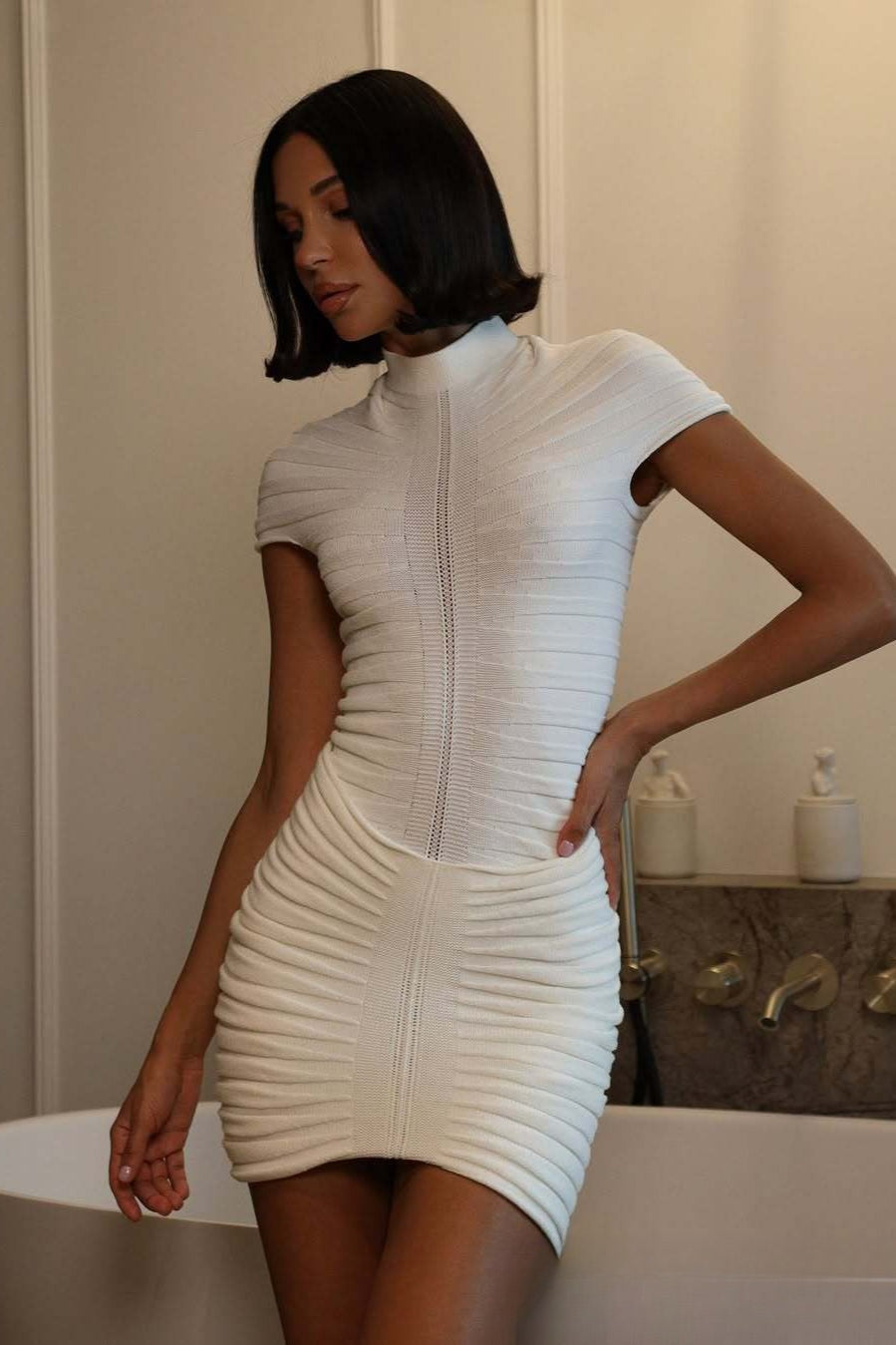 Ruched High Neck Cap Sleeve Bodycon Midi Dress