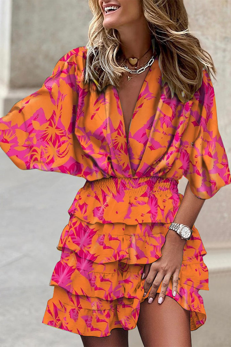 Deep V-Neck Kimono Sleeve Smocked Waist Tiered Ruffle Mini Dress - View 7