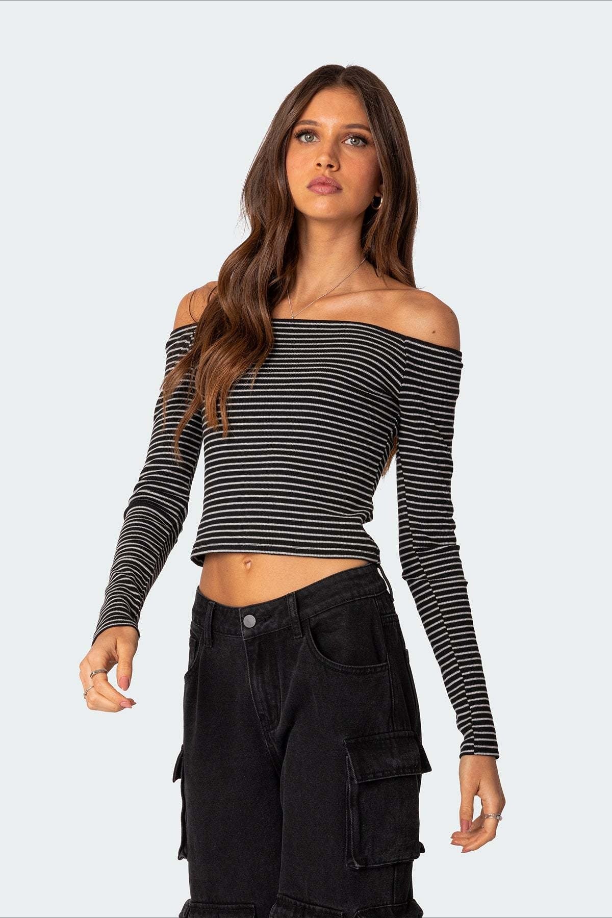 Striped Off Shoulder Bodycon Knit Top