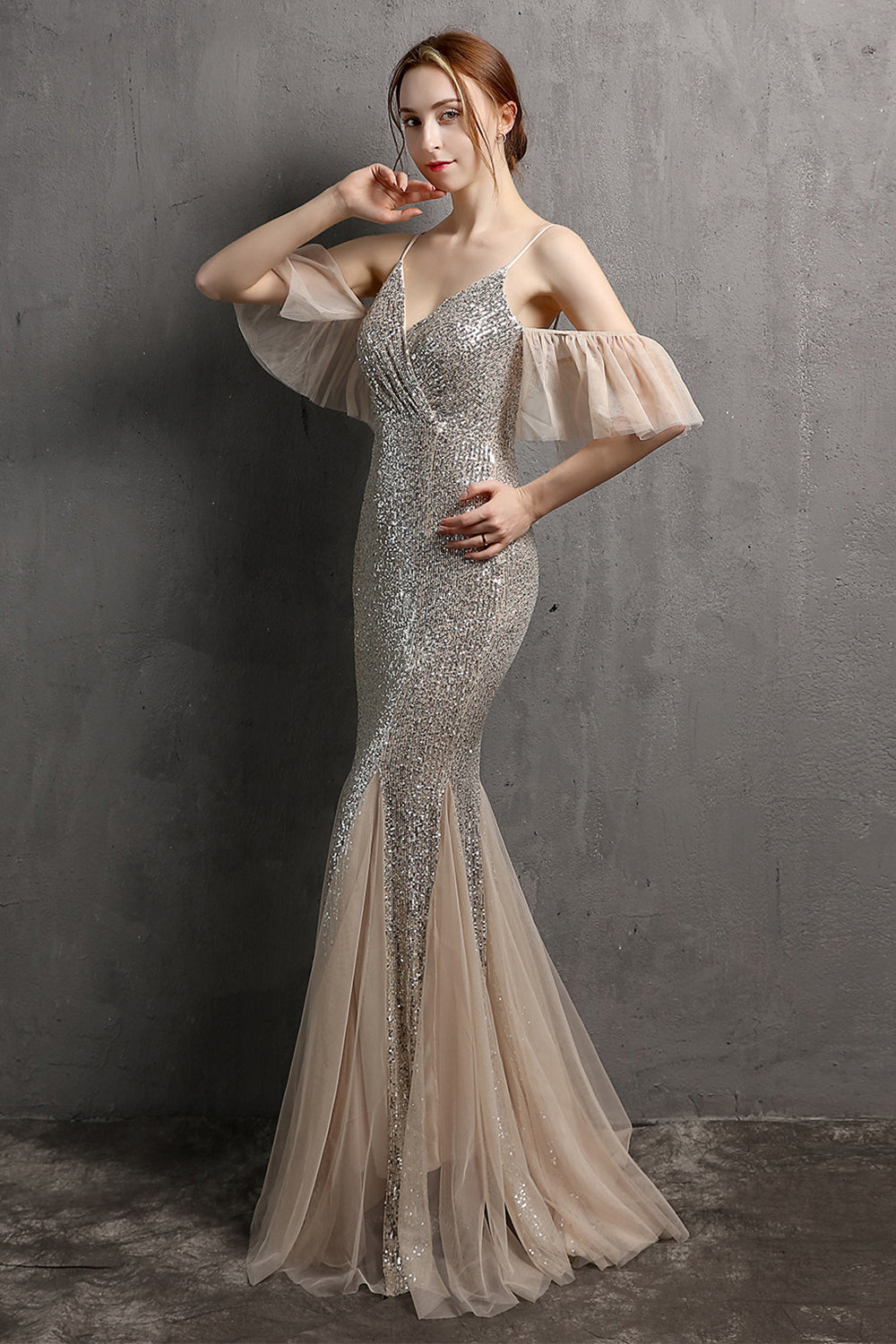 Champagne Sequin Long Prom Dress with Ruffles - Fashionpara