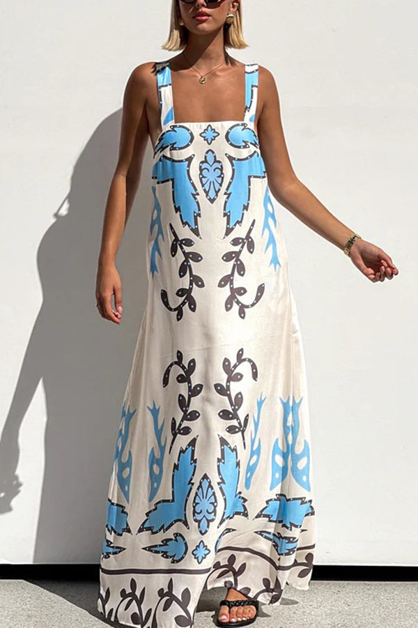 Unique Print Square Neck Open Back Lace-Up Loose Maxi Dress - Fashionpara