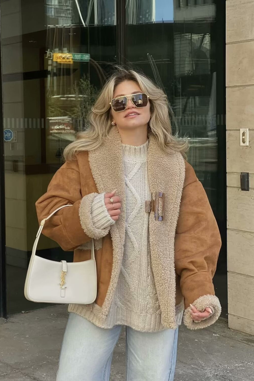 Lapel Faux Suede Shearling Coat - Fashionpara