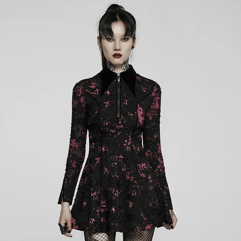 Distressed Collared Long Sleeve Fit & Flare Mini Dress